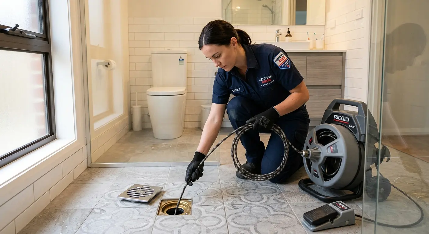 Technician clearing a bathroom floor drain for Hydro Jetting in Star